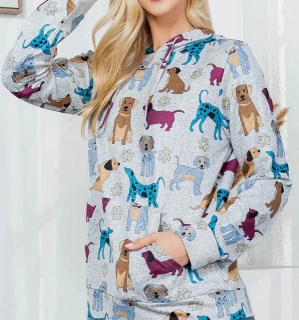 L.A. Soul Gray Colorful Dog Print Pullover Hoodie-Size XL